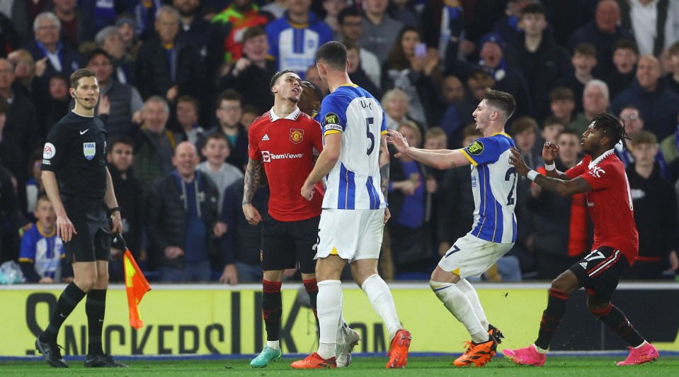 Antony and Lewis Dunk clash after the Man Utd star 'kicked' Alexis Mac Allister