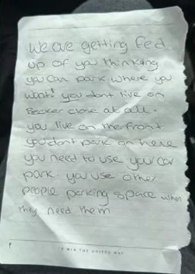 Lauren Ball was stunned when she found the angry note on her windscreen