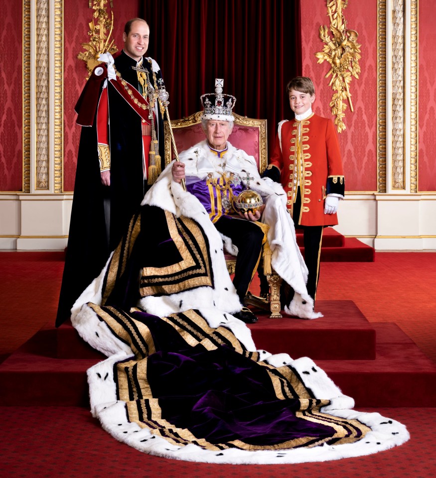 King Charles III proudly sits on the throne flanked by his two heirs