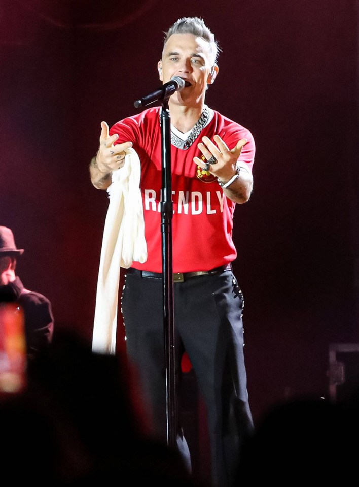 Robbie Williams wore the red top with 'Friendly' across the front for his set at North Music Festival in Portugal