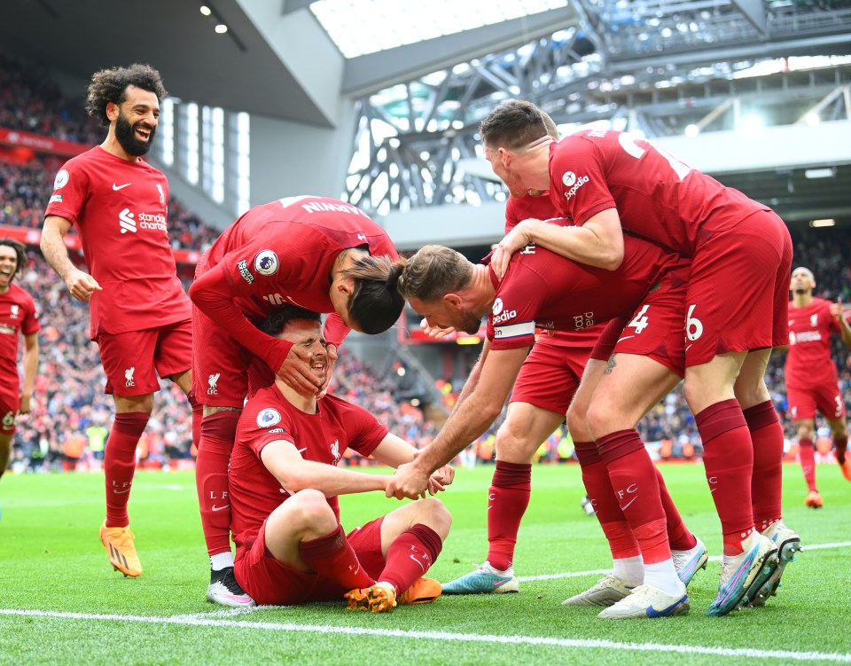 LIVERPOOL, ENGLAND - APRIL 30: Diogo Jota of Liverpool celebrates scoring to make it 4-3 during the Premier League match between Liverpool FC and Tottenham Hotspur at Anfield on April 30, 2023 in Liverpool, England. (Photo by Michael Regan/Getty Images)