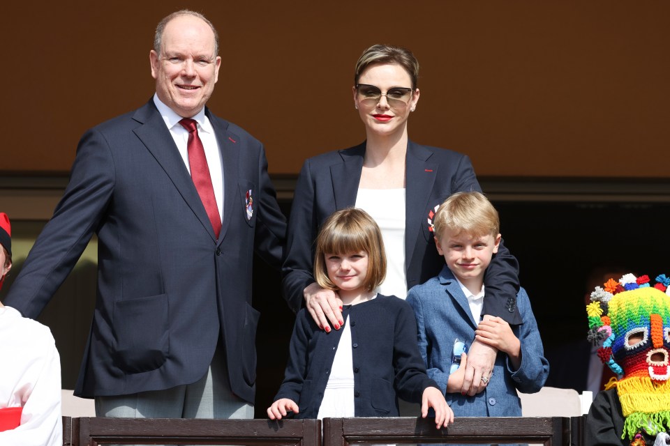 Prince Albert II of Monaco, Princess Charlene of Monaco, Princess Gabriella of Monaco and Prince Jacques of Monaco attend the Sainte Devote Rugby Tournament on April 22, 2023 in Monaco