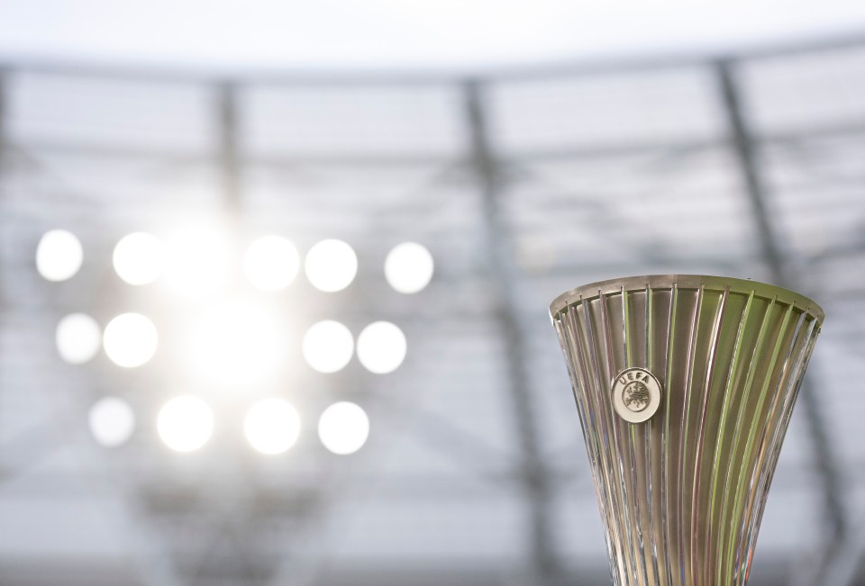 LONDON, ENGLAND - MAY 11: The UEFA Europa Conference League trophy ahead of the UEFA Europa Conference League semi-final first leg match between West Ham United and AZ Alkmaar at London Stadium on May 11, 2023 in London, England. (Photo by Chloe Knott - Danehouse/Getty Images)