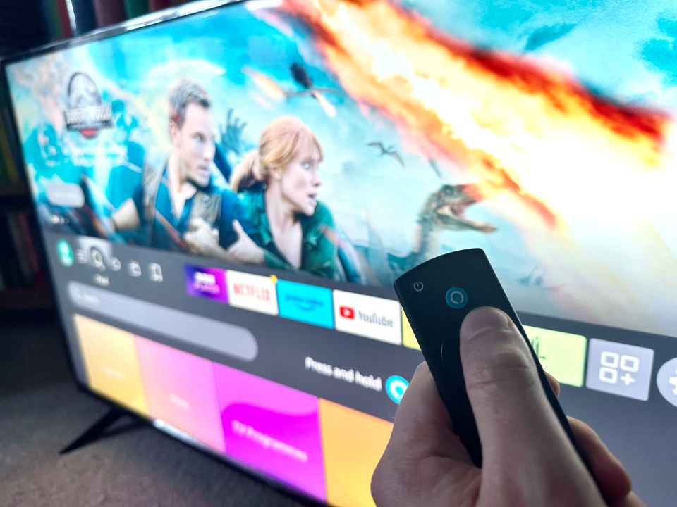 a person is holding a remote control in front of a tv screen that says netflix and youtube