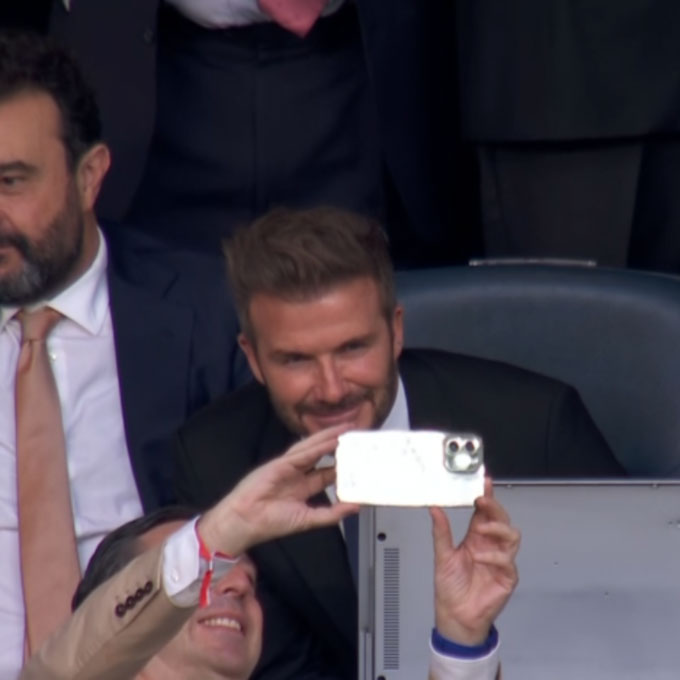 Beckham was captured by the BT Sport cameras posing for a selfie with a fan