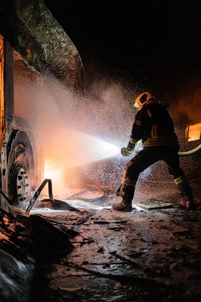 Crews battled to extinguish the ferocious fire that erupted as a result of the attacks