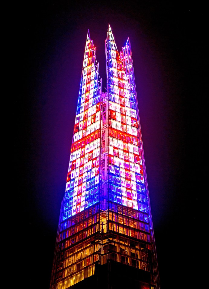 London landmarks including the Shard will be illuminated in red, white and blue from 8pm until midnight Saturday and Sunday