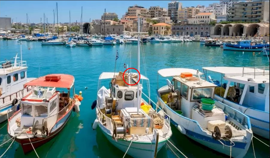 The bird is hiding on one of the boats