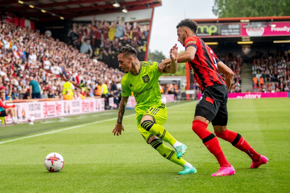 Antony battled for possession with Lloyd Kelly