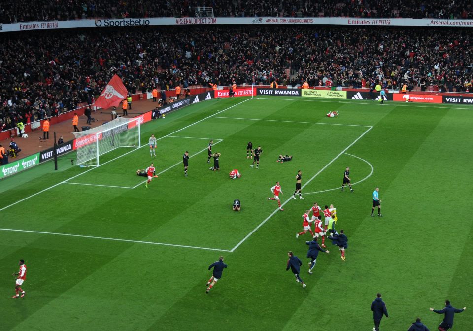 Gunners subs and staff ran on to the Emirates pitch after the late goal against the Cherries