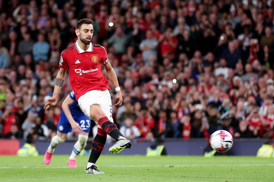 Bruno Fernandes struck home the third goal from the penalty spot after he was caught by Wesley Fofana