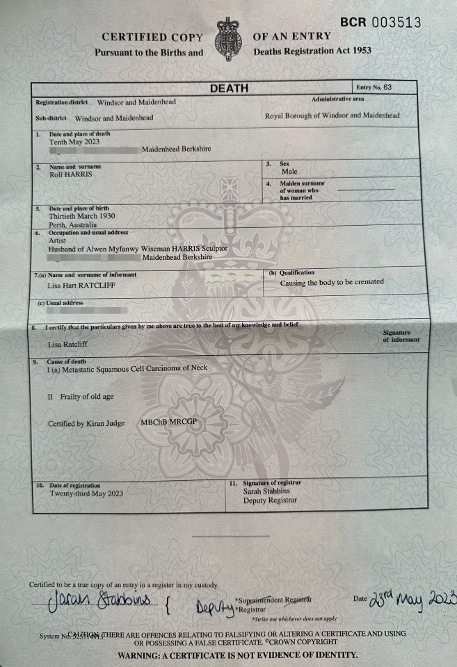 Harris' death certificate reveals he died of cancer and old age