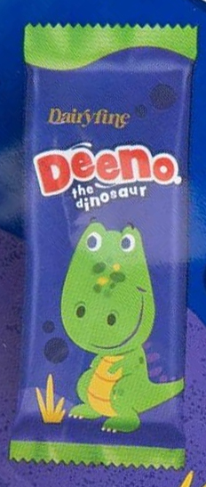 Aldi’s Deeno The Dinosaur’s wrapping features a green character, red lettering and a blue background