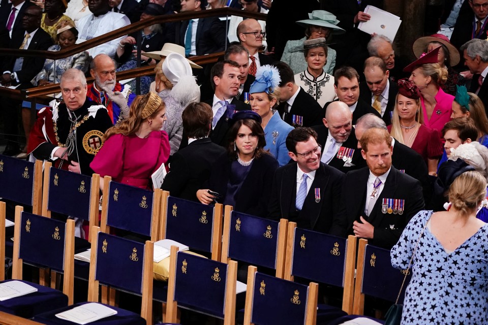 Prince Harry is sat on the third row at Westminster Abbey with The Duke of York, Princess Beatrice, Peter Phillips, Edoardo Mapelli Mozzi, Zara Tindall, Princess Eugenie, Jack Brooksbank and Mike Tindall