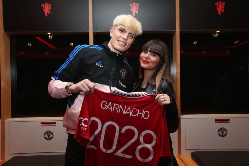 Alejandro Garnacho and Eva Garcia celebrate the Argentina winger's new contract at Manchester United