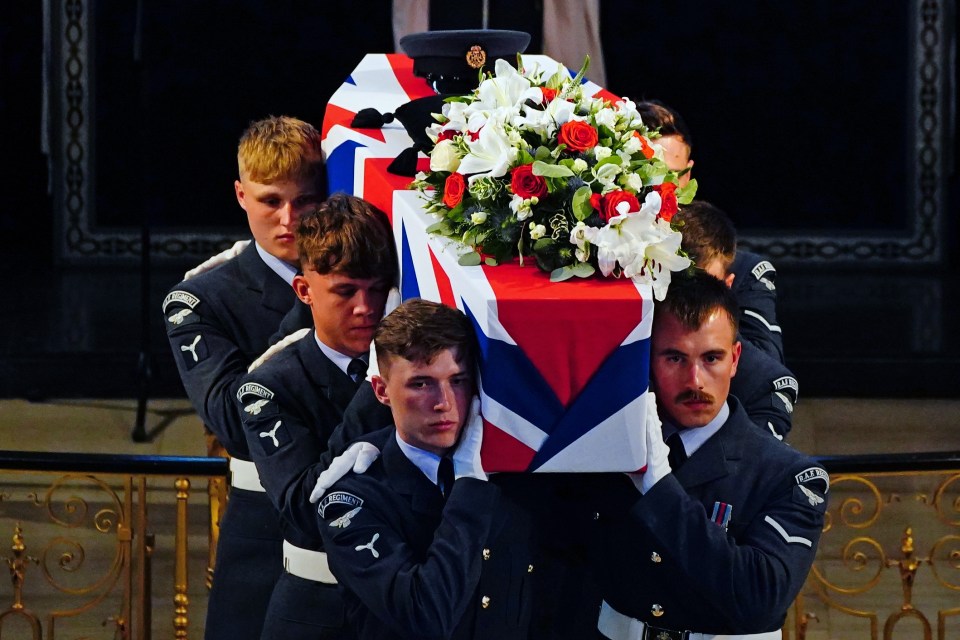 Peter’s coffin, draped in the Union Flag, was carried into the church by six RAF gunners from the King’s Colour Squadron