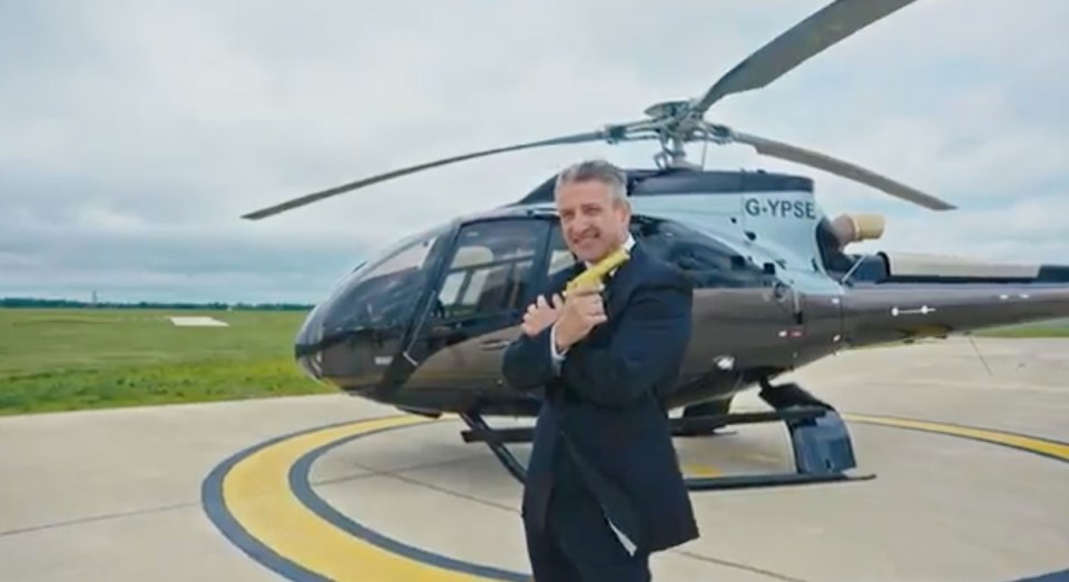 Alfie flies around the country in his own helicopter designed by Aston Martin