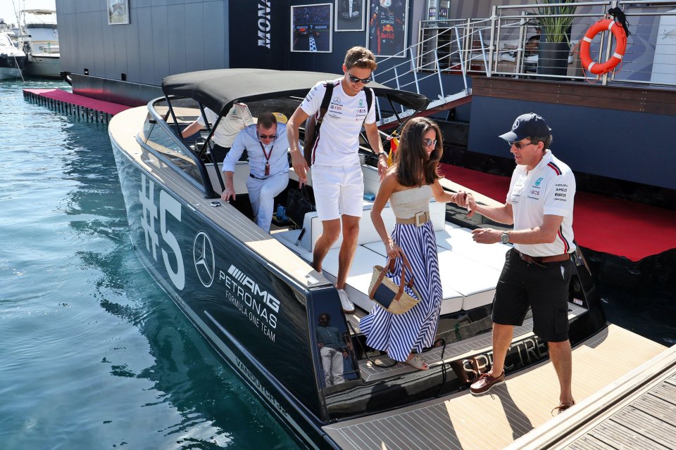 The pair hopped on a Mercedes boat to the race track