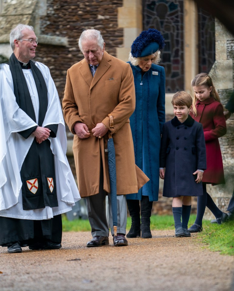 King Charles and Camilla The Queen Consort accompanied by Prince Louis and Princess Charlotte for the Christmas service at Sandringham church