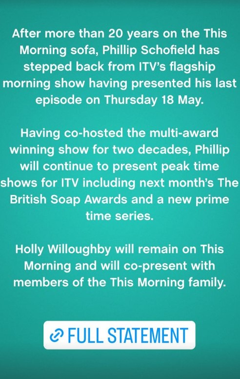 This Morning issued a statement following Phil's exit