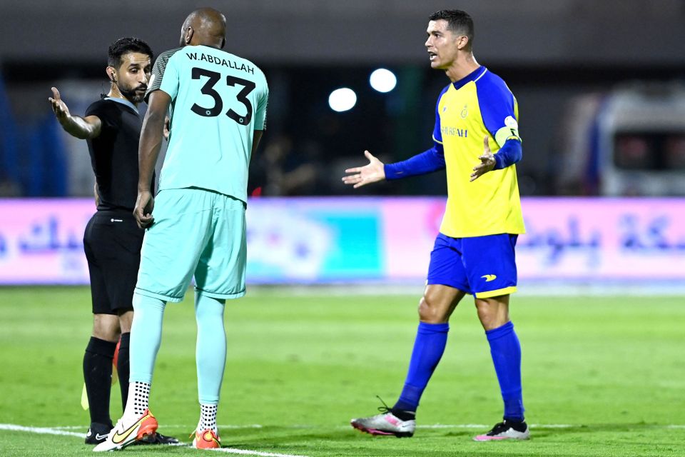 Cristiano Ronaldo and keeper Waleed Abdullah protest in vain during a draw that ended Al-Nassr's hopes of winning the Saudi Pro League