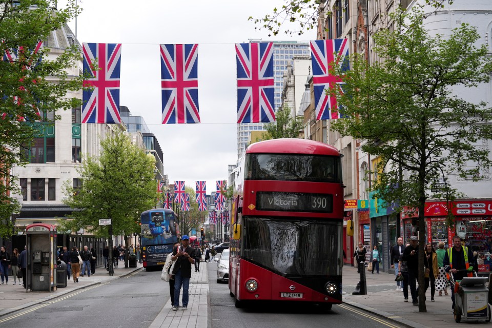 Oxford Street is decorated with British flags, ahead of the Coronation of Britain’s King Charles and Camilla, Queen Consort