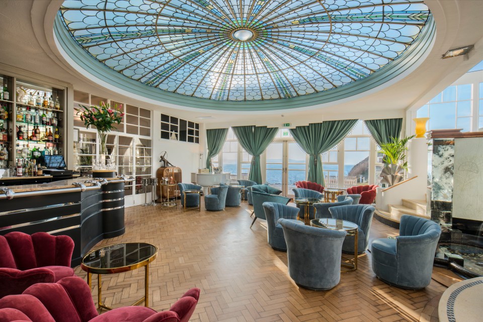 A restored circular glass skylight in palm court shows-off its elegant and luxurious history