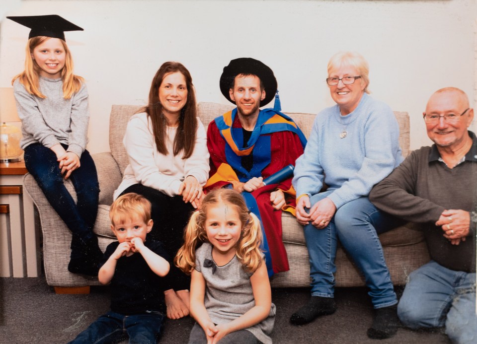 Rob received an honorary degree from Leeds Beckett University. Pictured with wife Lindsey, mum Irene, dad Geoff and his children