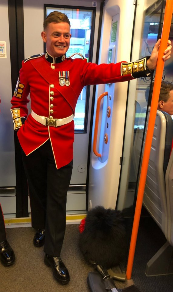 Toby Joyce, from the 1st Battalion Coldstream Guards, tweeted a picture of himself on a train to the event