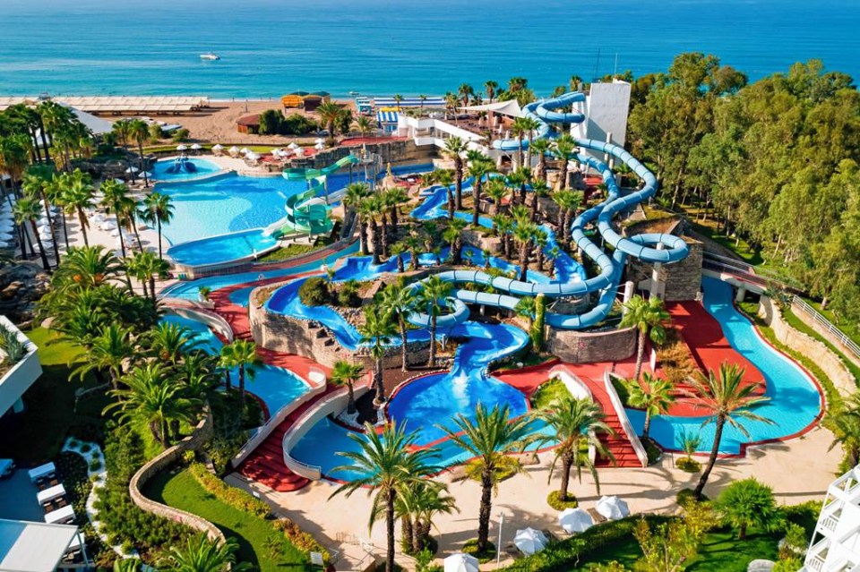 an aerial view of a water park surrounded by palm trees