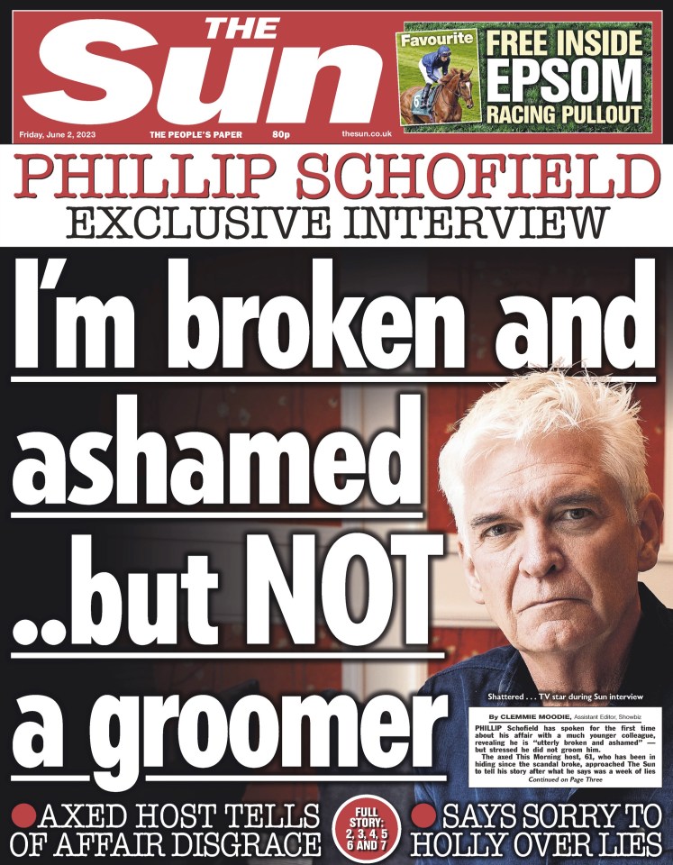 The Sun's exclusive front page story where Phillip denied he was a 'groomer' after the affair