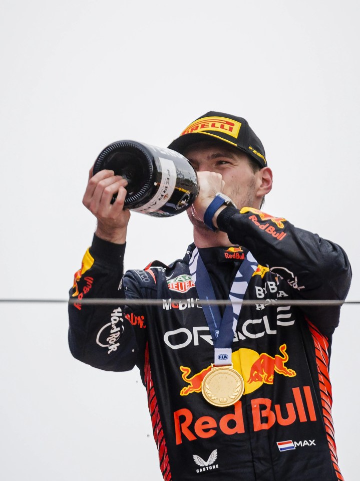 Max Verstappen celebrates winning the Spanish GP