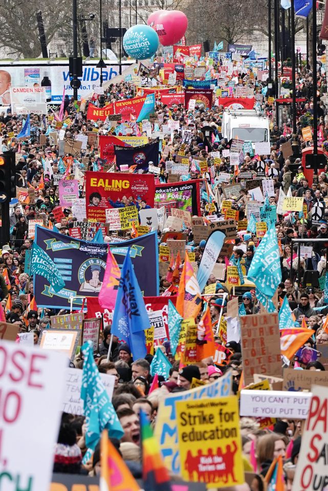 Striking members of the  (NEU) on Piccadilly march to a rally in Trafalgar Square, central London, in March