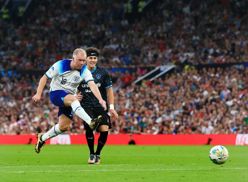 Scholes scored a trademark goal in the charity match