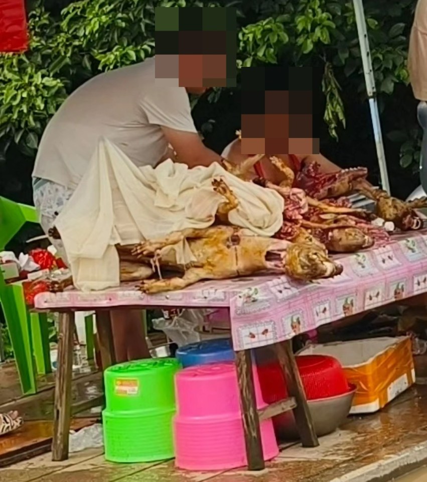 Dogs being butchered on a table in public in preparation to be turned into food