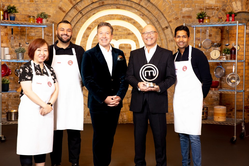 Greg Wallace and John Torode with 2023 MasterChef finalists Chariya, Omar and Anurag