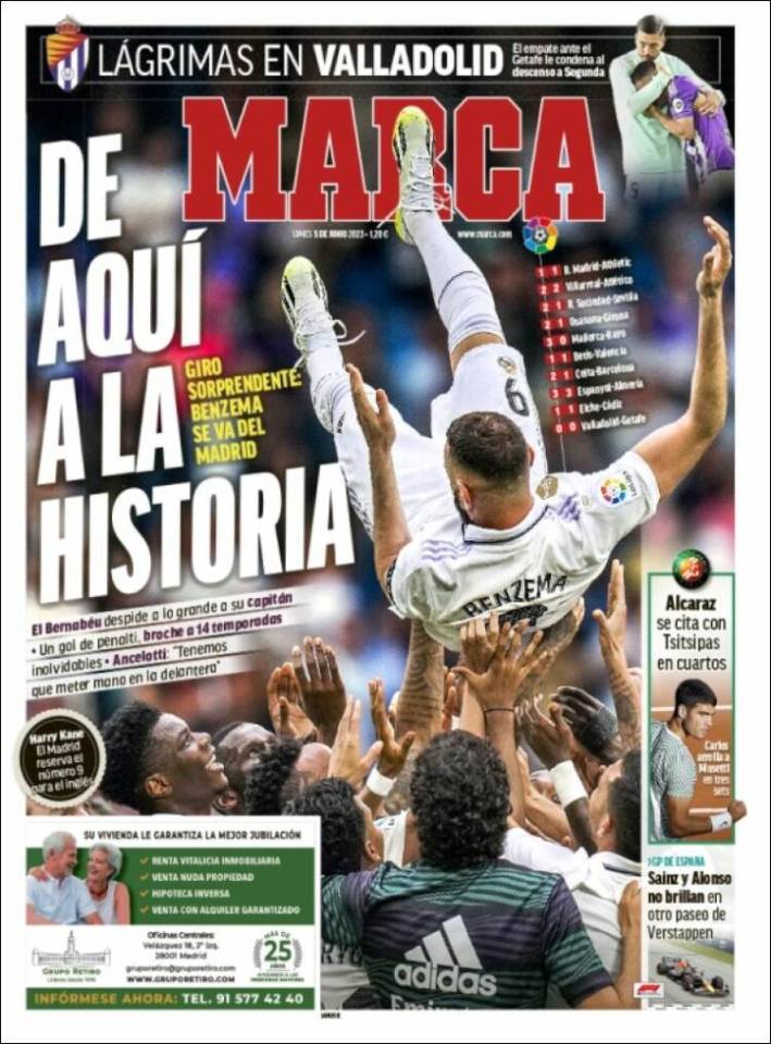 Marca 's front page focused on Karim Benzema's Real Madrid farewell... and teased a Kane transfer