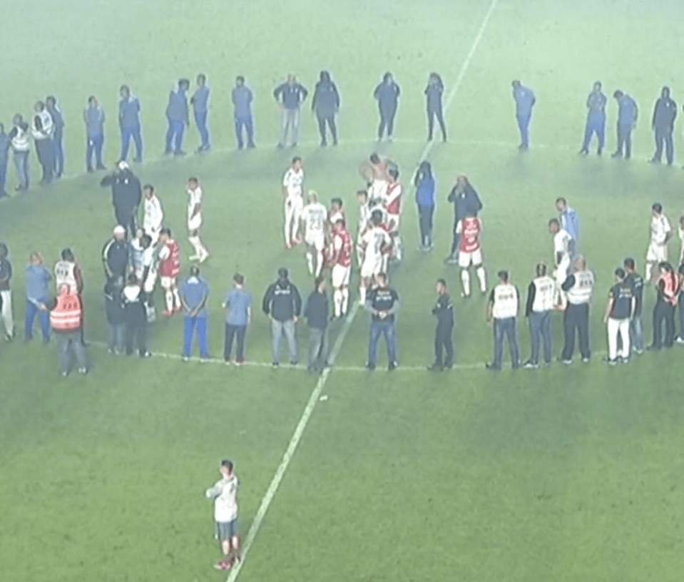 The game was halted as the players were given protection in the centre circle