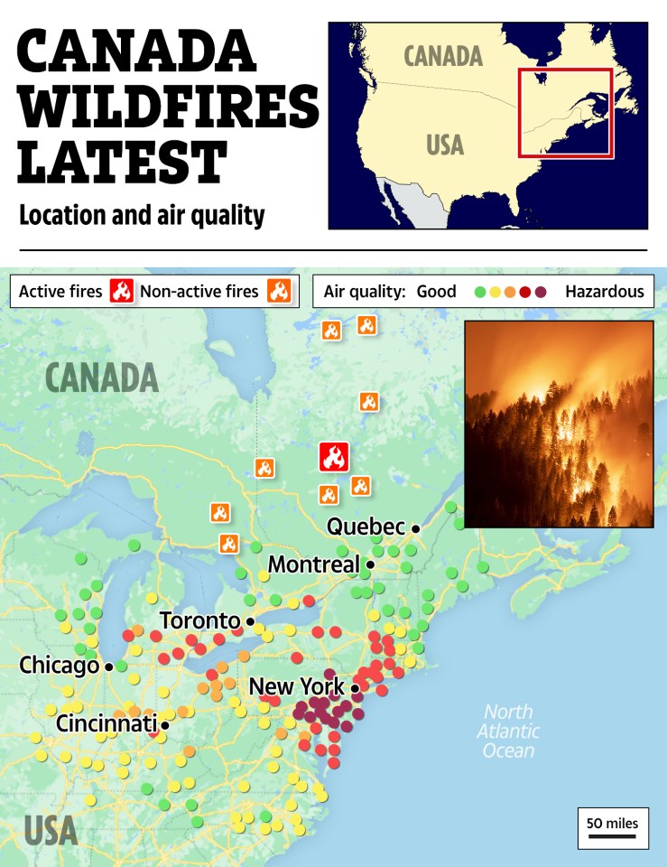 Air quality and active fire sites in the US and Canada