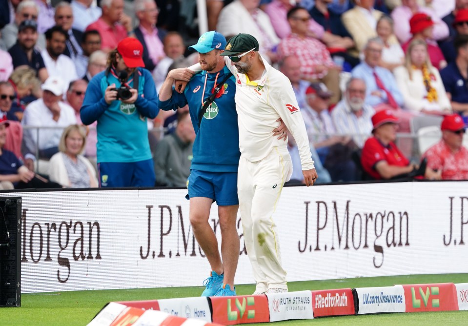 Nathan Lyon fought back tears as he limped off with a calf injury against England