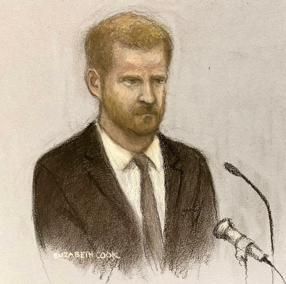 Prince Harry made a series of shock claims after taking to the stand today. Pictured, court artist's sketch