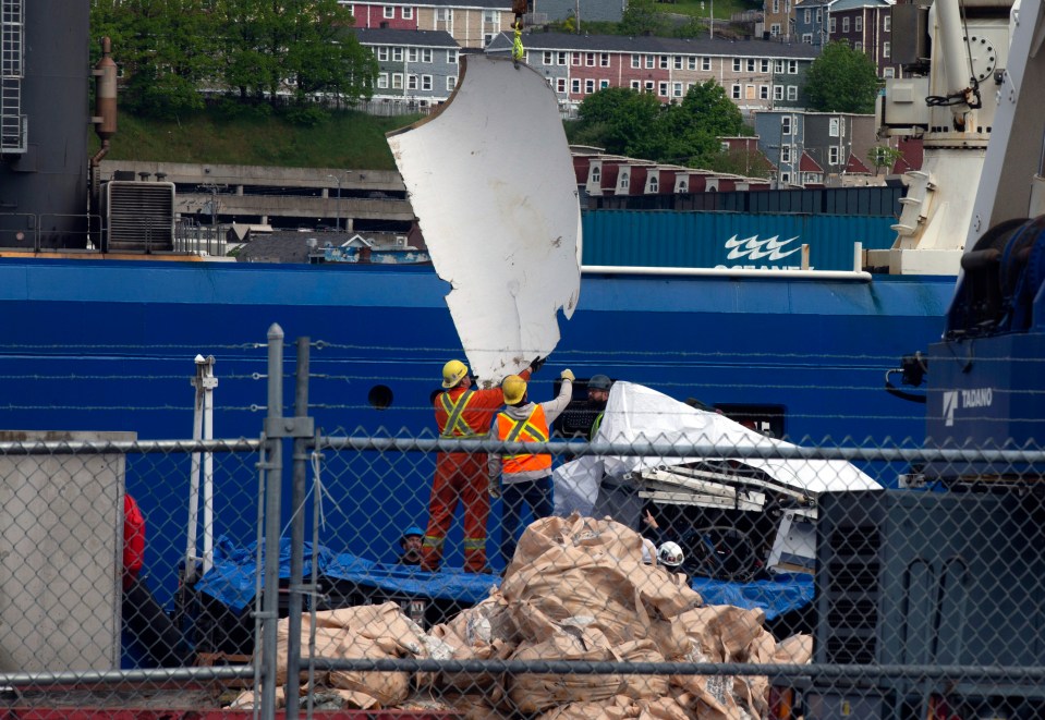 A large panel from the Titan sub was hauled ashore from the Canadian vessel