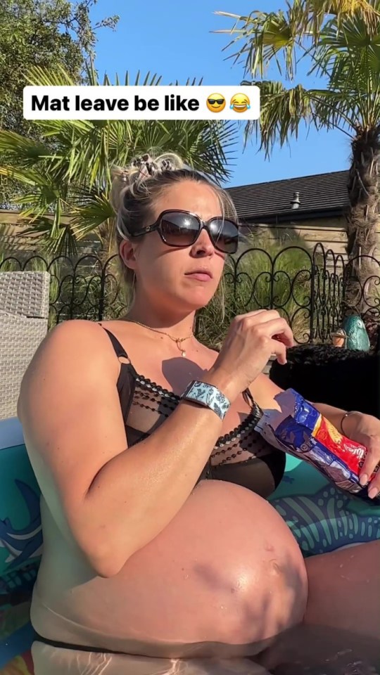 Heavily pregnant Gemma cooled off as she snacked on biscuits