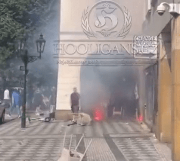 The pub was left devastated as it was hit by flares, hurled chairs and broken glass