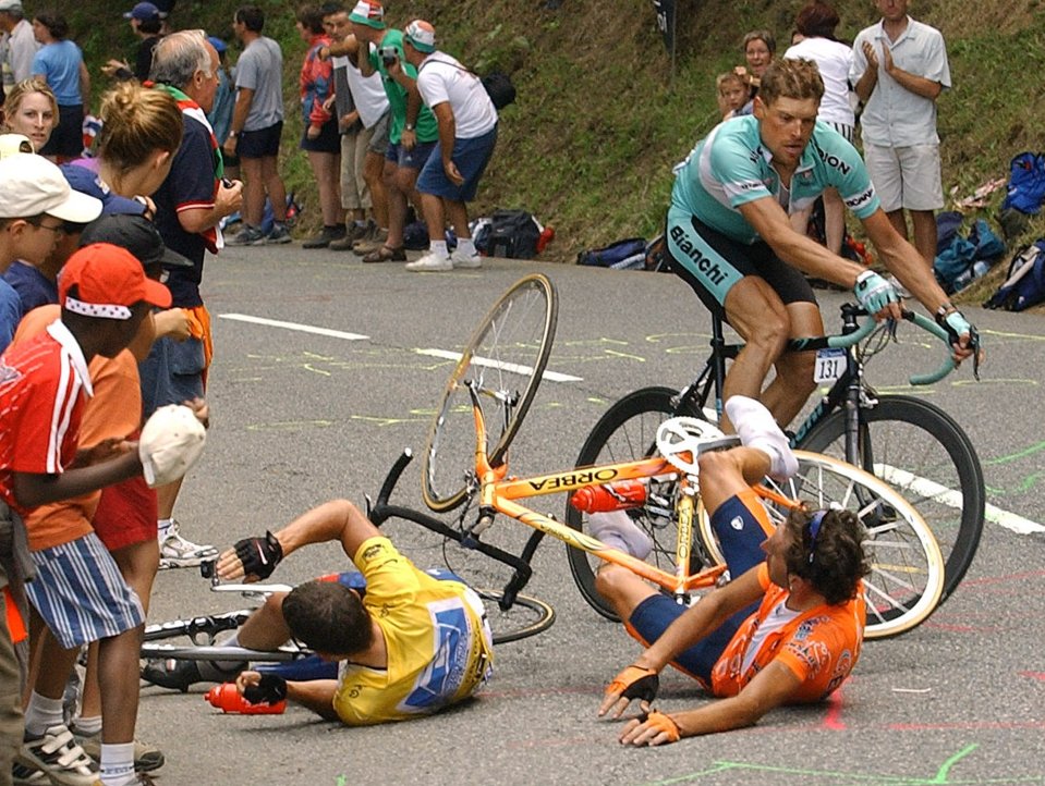 Lance Armstrong was brought down by the bag of a child standing by the side of the road