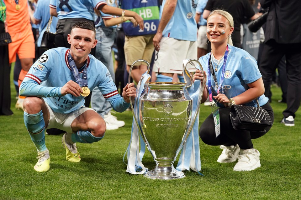 Sub Phil Foden and girlfriend Rebecca Cooke adopted a traditional pose