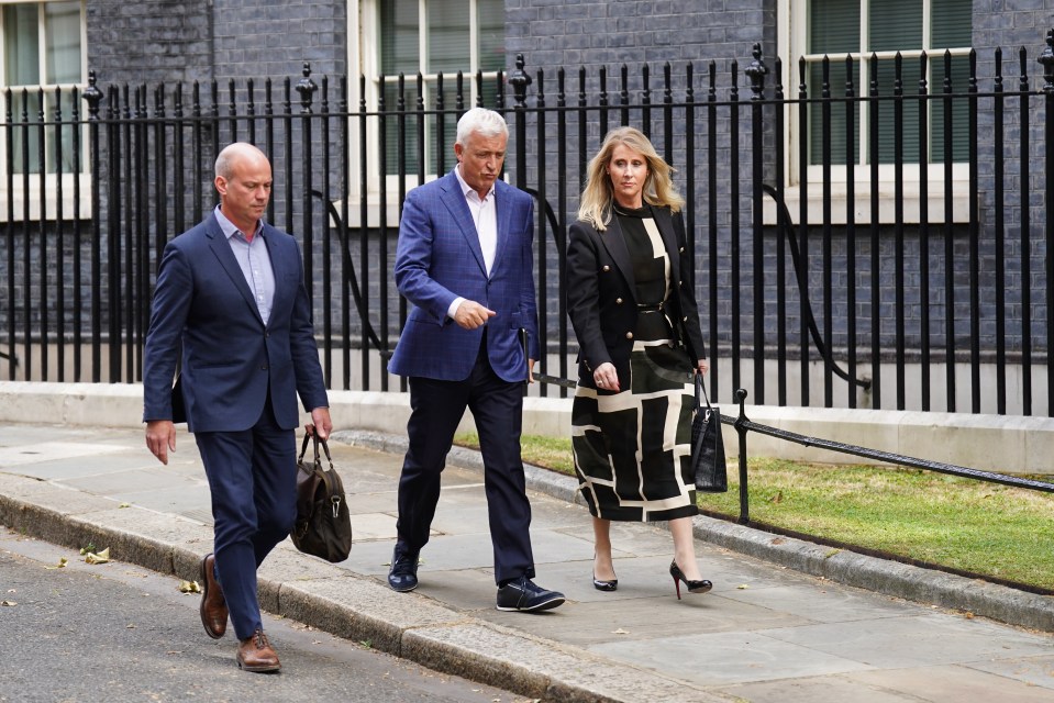 Barclays UK CEO Matt Hammerstein, Virgin Money CEO David Duffy and Nationwide CEO Debbie Crosby leave Downing Street in London after meeting with Chancellor Jeremy Hunt