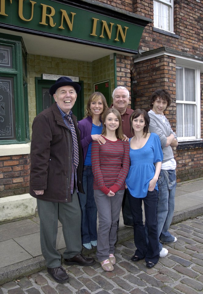 Corrie's The Morton family included Samantha, pictured second from left, with Rodney Litchfield (Grandad), Jessica Barden (Kayleigh), Michael Starke (Jerry), Emma Edmondson (Mel) and Jonathan Dixon (Darryl)