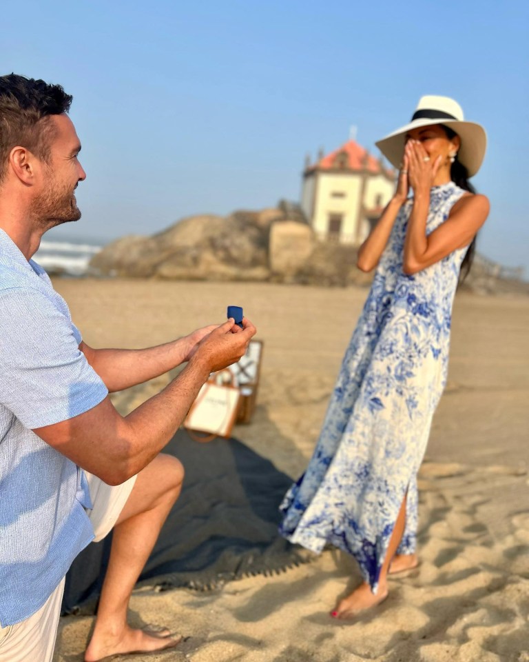 The couple announced their engagement with shots of a romantic beach proposal