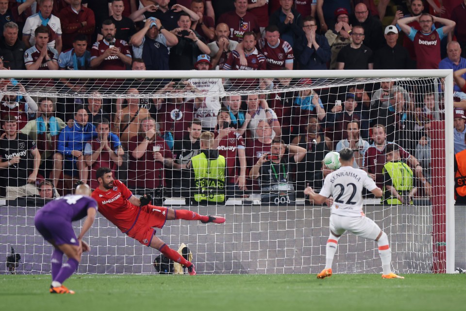 Said Benrahma sends Fiorentina keeper Pietro Terracciano the wrong way with his penalty opener for West Ham